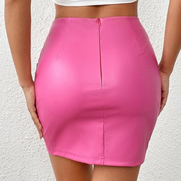 Hot Pink Boho Womens Solid Ruched Wrap Hem PU Skirt - Picture 2 of 5